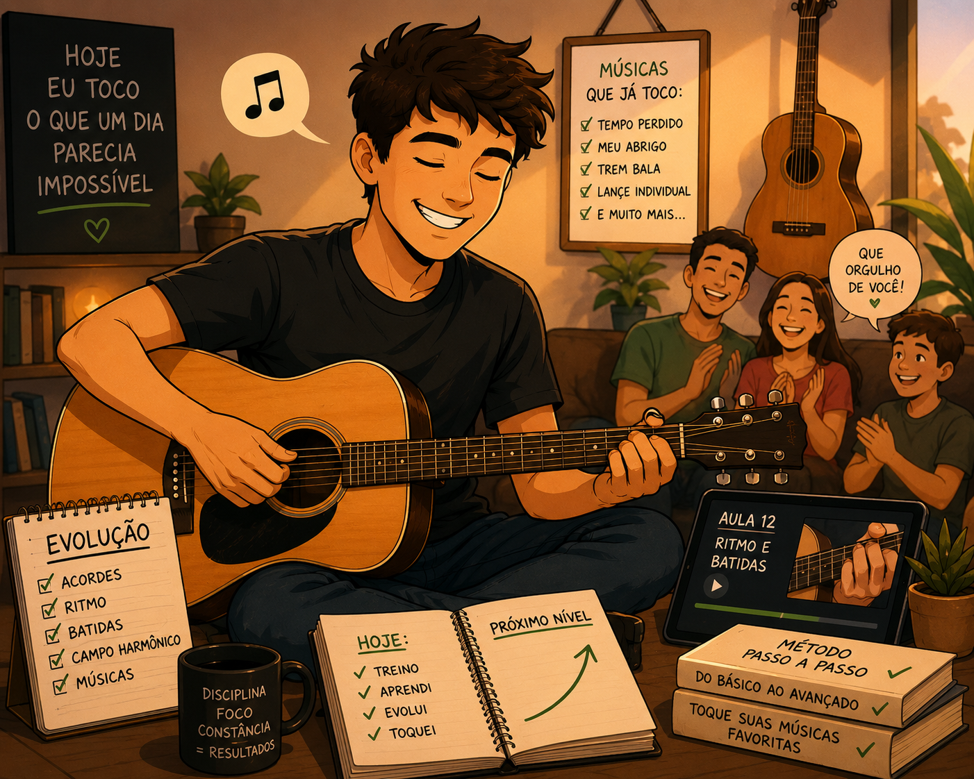 Adulto sorrindo tocando violão com confiança — método Flow Harmônico